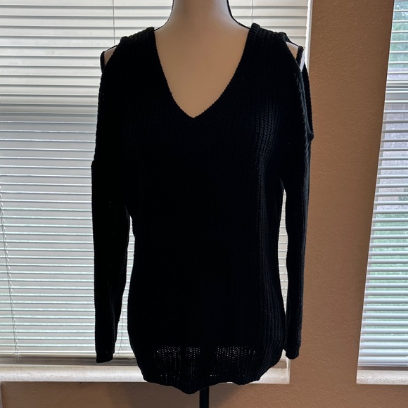Ambiance Apparel Sweaters - Ambiance Black Cold-Shoulder V-Neck Sweater